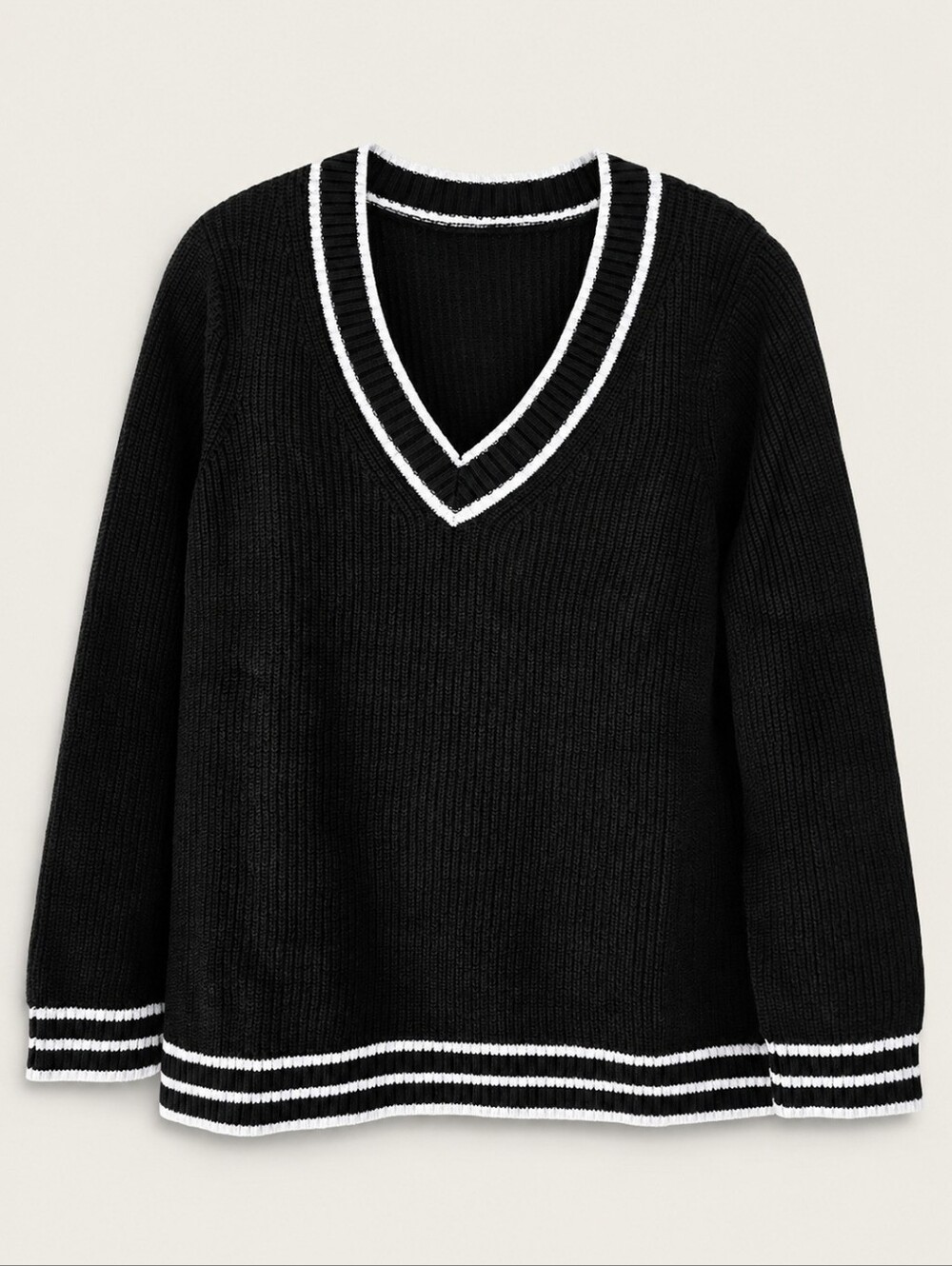 NWT Talbots Tipped Shaker Stitch V Neck Sweater Black White PP 2X